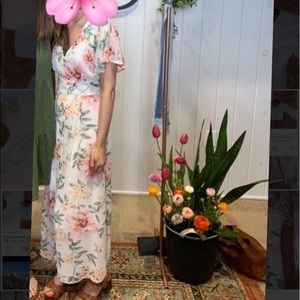 June & Hudson midi dress from Belk. Green, pink, yellow floral design on white.